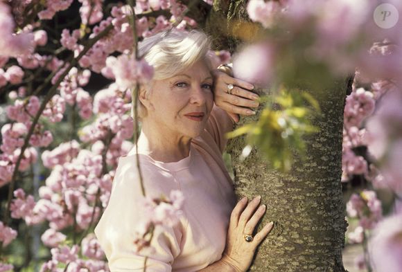 En France, à Rueil-Malmaison, rendez-vous avec Line RENAUD dans le jardin de son domicile "LA JONCHERE", s'appuyant contre le tronc d'un cerisier en fleurs, offert par MICHEL AUDIARD. Avril 1989 © Alain Canu via Bestimage