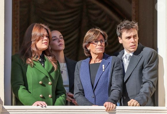 Camille Gottlieb, Pauline Ducruet, la princesse Stéphanie de Monaco et Louis Ducruet - La famille princière de Monaco au balcon du palais, à l'occasion de la Fête Nationale de Monaco, le 19 novembre 2024. © Jacovides-Bebert/Bestimage