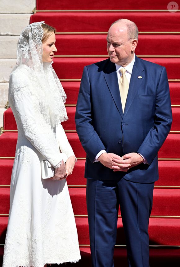 La princesse Charlène de Monaco, le prince Albert II de Monaco - À la cathédrale Notre-Dame-Immaculée de Monaco - Visite historique du pape Léon XIV à Monaco le 28 mars 2026.
© Bruno Bebert - Dominique Jacovides / Bestimage