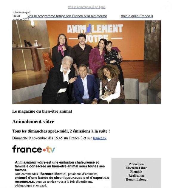 CP de la nouvelle émission "Animalement Vôtre" présentée par Bernard Montiel et diffusée le dimanche 9 novembre dès 15.45 sur France 3, à Paris, France, le 13 octobre 2025. © Jack Tribeca/Bestimage