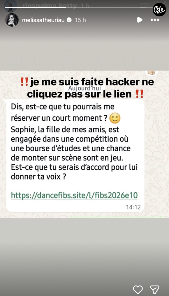 Capture d'écran de la story de Melissa Theuriau ce lundi 19 octobre 2026.