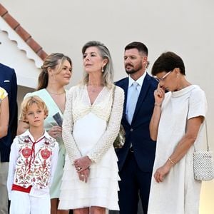 Stefano Ercole Carlo Casiraghi, Camille Gottlieb, la princesse Caroline de Hanovre, Gareth Wittstock et la princesse Stephanie de Monaco - Célébration des 20 ans de règne du prince souverain Albert II de Monaco sur la place du Palais à Monaco, le 19 juillet 2025. © Bruno Bebert/Bestimage