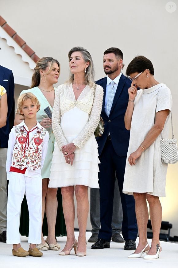 Stefano Ercole Carlo Casiraghi, Camille Gottlieb, la princesse Caroline de Hanovre, Gareth Wittstock et la princesse Stephanie de Monaco - Célébration des 20 ans de règne du prince souverain Albert II de Monaco sur la place du Palais à Monaco, le 19 juillet 2025. © Bruno Bebert/Bestimage