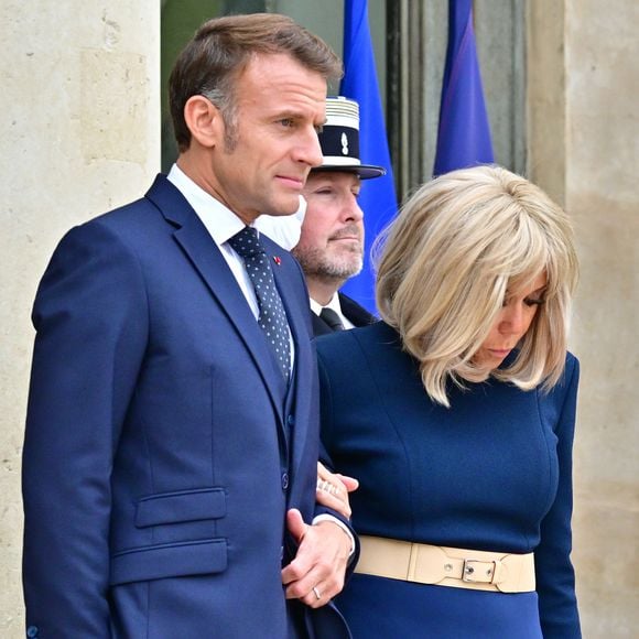 Le président français Emmanuel Macron et Brigitte Macron reçoivent son Altesse Royale le prince héritier du royaume de Jordanie, Hussein ben Abdallah, et sa femme, Son Altesse Royale la princesse Rajwa Al Hussein à l'Elysée, le 8 octobre 2025.

© Christian Liewig / Bestimage