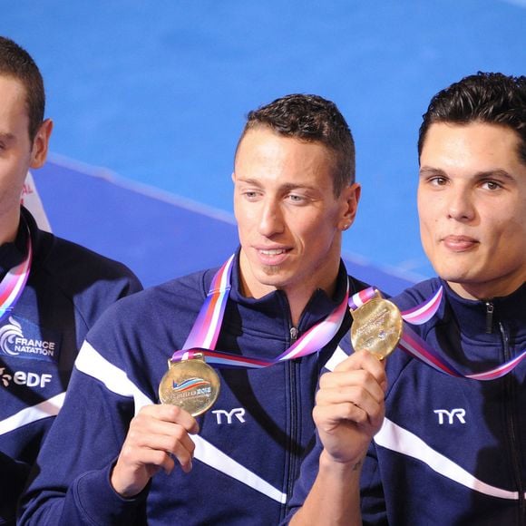 Jeremy Stravius, Frederick Bousquet (papillon), Florent Manaudou (nage libre) et Giacomo Perez Dortona (brasse) remportent le relais 4x50 m 4 nages messieurs lors du 1er Jour des Championnats d' Europe de Natation a Chartres le 22 novembre 2012. Agence / Bestimage