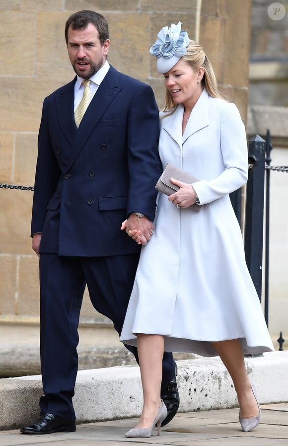 Peter et Autumn Phillips - La famille royale d’Angleterre célèbre le dimanche de Pâques dans la Chapelle Saint-Georges de Windsor le 31 mars 2018.