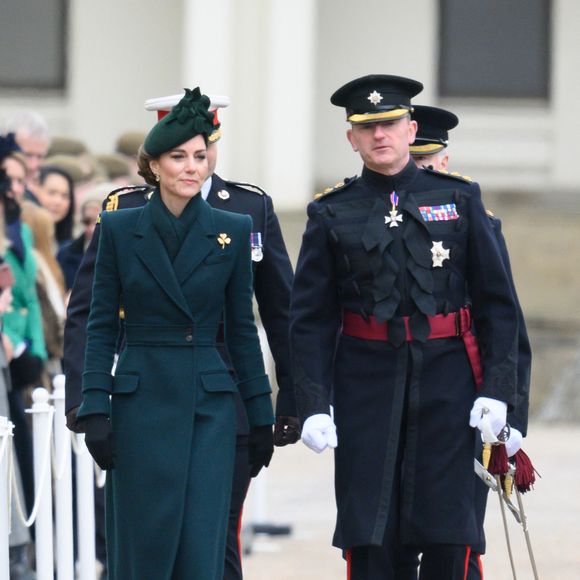 Catherine (Kate) Middleton, princesse de Galles, colonel des Irish Guards, visite le régiment lors du défilé de la Saint-Patrick à la caserne Wellington de Londres, Royaume Uni, le 17 mars 2025. © Justin Goff/GoffPhotos/Bestimage
