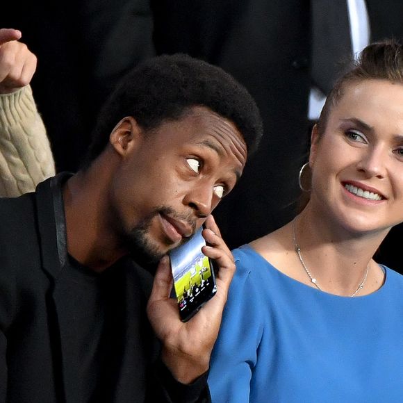 Gaël Monfils et sa femme Elina Svitolin - People en tribunes du match de football en ligue 1 Uber Eats : Le PSG (Paris Saint-Germain) remporte la victoire 2-1 contre Lyon au Parc des Princes à Paris le 19 septembre 2021. Lionel Urman/Panoramic/Bestimage