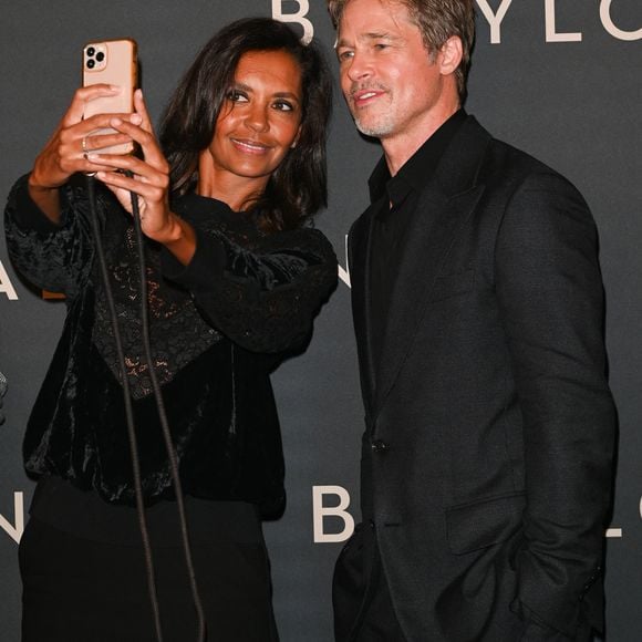 Brad Pitt et Karine Le Marchand à la première du film "Babylon" au cinéma Le Grand Rex à Paris, France, le 14 janvier 2023. © Coadic Guirec/Bestimage