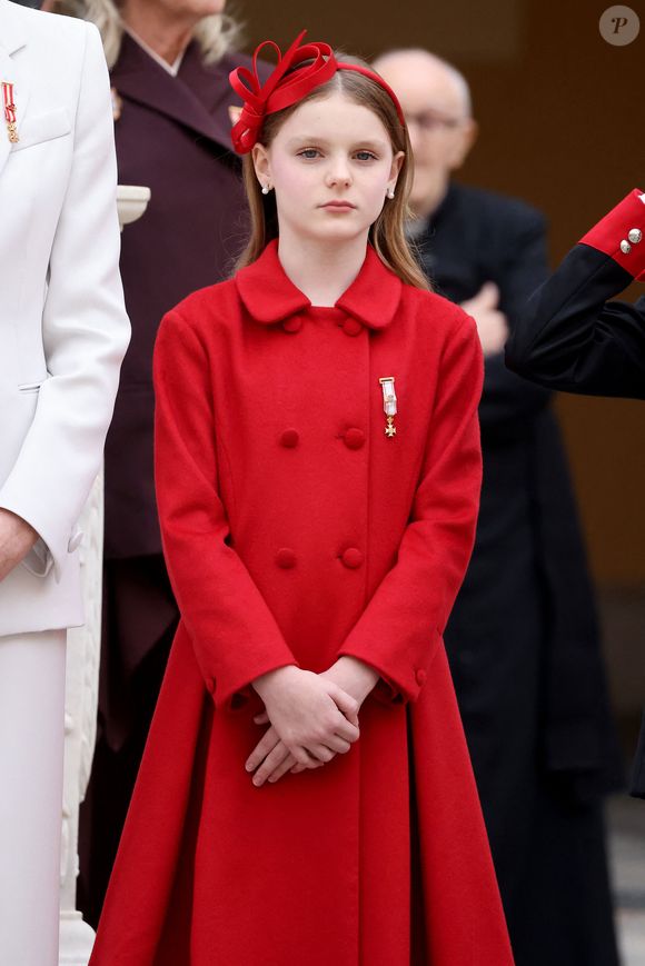 La princesse Gabriella de Monaco, comtesse de Carladès - La famille princière monégasque dans la cour d'honneur du palais lors de la la fête nationale à Monaco le 19 novembre 2025. © Dominique Jacovides - Bruno Bebert / Bestimage