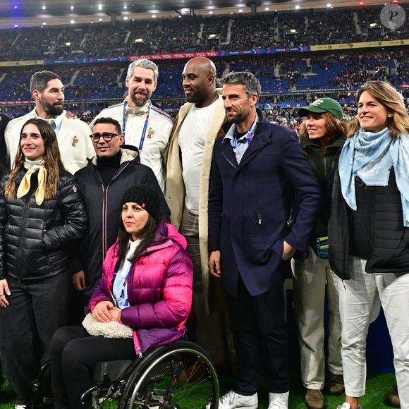 Boris Diaw, Nikola Karabatic, Luka Karabatic, Teddy Riner, Tony Estanguet, Amélie Mauresmo au match de rugby du Tournoi des Six Nations France contre Angleterre au Stade de France à Saint-Denis. © Christian Liewig / Bestimage