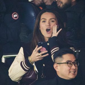 Diane Leyre (Miss France 2022) - Célébrités dans les tribunes lors du match de Ligue 1 McDonald's opposant le Paris Saint-Germain (PSG) à l'Olympique de Marseille (OM) - (3-1) au Parc des Princes à Paris le 16 mars 2025. © Cyril Moreau/Bestimage