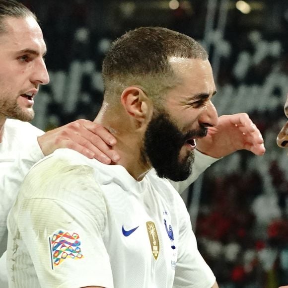 Kylian MBappe (France) - Karim Benzema (France) - Adrien Rabiot (France) - Match de football en ligue des Nations : La France bat la Belgique 3-2 au Juventus Stadium à Turin le 7 octobre 2021. © Norbert Scanella / Panoramic / Bestimage