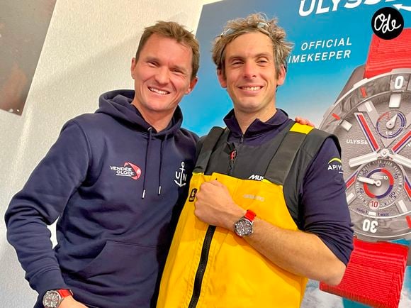 Charlie Dalin reçoit une montre de collection fabriquée à partir de matériaux recyclés par Ulysse Nardin, partenaire du Vendée Globe - Le skipper de Macif, Charlie Dalin, remporte la dixième édition du tour du monde en solitaire du Vendée Globe en pulvérisant le record de l’épreuve en 64 jours, 19 heures, 22 minutes et 49 secondes aux Sables-d'Olonne, en France, le 14 janvier 2025. © Fabien Faure/Bestimage