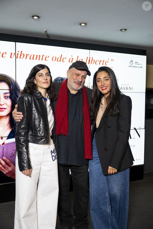En promotion de ce film d'Eran Riklis, 

Mina Kavani, Eran Riklis et Golshifteh Farahani - Avant-première du film "Lire Lolita à Téhéran" à l’UGC des Halles à Paris le 20 mars 2025. © Pierre Perusseau/Bestimage