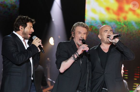 Patrick Bruel, Johnny Hallyday et Pascal Obispo Paris le 11 janvier 2013 en direct du Zenith, La Fête de la Chanson Française ©DOMINIQUE JACOVIDES / BESTIMAGE