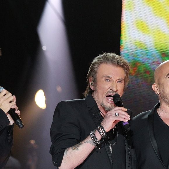 Patrick Bruel, Johnny Hallyday et Pascal Obispo Paris le 11 janvier 2013 en direct du Zenith, La Fête de la Chanson Française ©DOMINIQUE JACOVIDES / BESTIMAGE