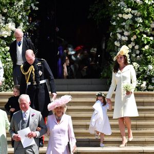 La mère de Meghan Markle, Doria Ragland, le prince de Galles et la duchesse de Cornouailles sont suivis par le duc et la duchesse de Cambridge avec leurs enfants, le prince George et la princesse Charlotte, alors qu'ils quittent la cérémonie de mariage du prince Harry et de Meghan Markle à la chapelle St George, au château de Windsor. Windsor, Royaume-Uni, le samedi 19 mai 2018. Le crédit photo doit être lu comme suit : Ben Stansall/PA Wire /ABACAPRESS.COM