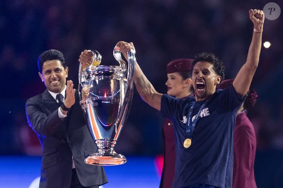 Nasser al-Khelaïfi (président du PSG), Marquinhos - Les joueurs du PSG célèbrent leur titre de Champion d'Europe au Parc Des Princes à Paris, le 1er juin 2025.
© Cyril Moreau/Bestimage