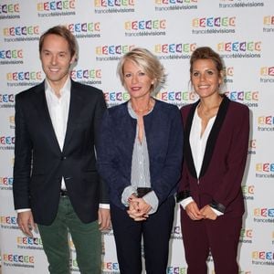 Damien Thevenot, Laura Tenoudji et Sophie Davant lors de la conférence de presse de la 29 eme édition du Telethon 2015 a France televisons a Paris, France, le 04 Novembre 2015. Le Téléthon 2015 aura lieu le 21 Novembre 2015. Photo de Audrey Poree/ ABACAPRESS.COM