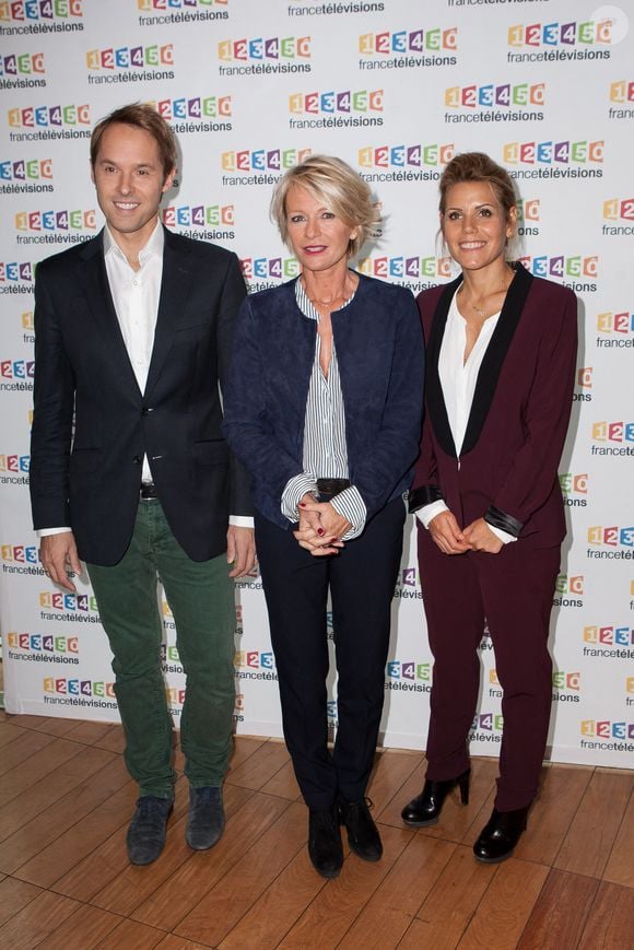 Damien Thevenot, Laura Tenoudji et Sophie Davant lors de la conférence de presse de la 29 eme édition du Telethon 2015 a France televisons a Paris, France, le 04 Novembre 2015. Le Téléthon 2015 aura lieu le 21 Novembre 2015. Photo de Audrey Poree/ ABACAPRESS.COM