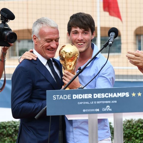 Didier et Dylan Deschamps durant l'inauguration du Stade de football Didier Deschamps à Cap d'Ail le 12 septembre 2018. 

© Bruno Bebert / Bestimage