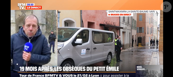 Le cercueil blanc d'Emile arrivant à la basilique Sainte-Marie-Madeleine de Saint-Maximin-la-Sainte-Baume le 8 février 2025. Il a ensuite été porté par ses parents Marie et Colomban Soleil , son parrain et sa marraine.