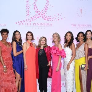 Nathalie Marquay (robe Christophe Guillarmé) , Sophie Thalmann, Corinne Coman (robe Christophe Guillarmé) , Chloé Mortaud, Mélody Vilbert, Valérie Trierweiler, Sylvie Tellier, Indira Ampiot, Clémence Botino, Camille Cerf, Mareva Galanter, Maeva Coucke - Photocall du 5ème gala de charité de l'association "Les Bonnes Fées" à l'occasion de la campagne mondiale "Octobre Rose" à l'hôtel Peninsula, Paris le 3 octobre 2024. A l'occasion de la campagne mondiale "Octobre Rose", l'hôtel Peninsula Paris lance son programme caritatif "Peninsula in Pink", dont les bénéfices seront reversés à l'association "Les Bonnes Fées". © Rachid Bellak/Bestimage