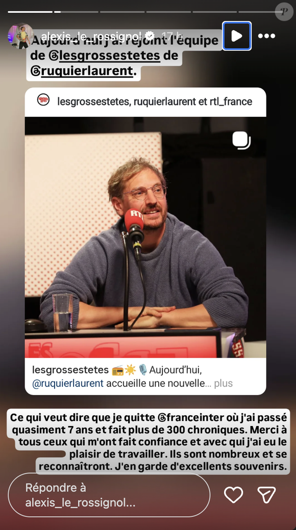 "Aujourd'hui, je rejoins l'équipe des Grosses Têtes de Laurent Ruquier", a-t-il partagé sur Instagram.

Alexis le Rossignol sur Instagram