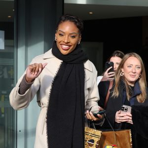 Exclusif - Miss France 2025 Angélique Angarni-Filopon - Les célébrités quittent les studios de RTL à Neuilly sur Seine, le 9 janvier 2025.