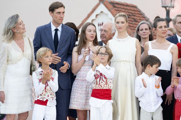 La princesse Caroline de Hanovre, Stefano Ercole Carlo Casiraghi, Ben Sylvester Strautmann, la princesse Alexandra de Hanovre, Francesco Carlo Albert Casiraghi, Beatrice Borromeo, Charlotte Casiraghi et Balthazar Casiraghi-Rassam assistent à la célébration des 20 ans de règne du prince Albert II de Monaco le 19 juillet 2025 à Monaco. Photo by David NIVIERE/ABACAPRESS.COM