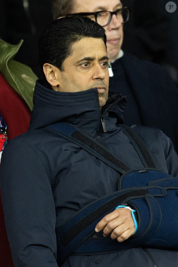 Nasser al-Khelaïfi - Célébrités dans les tribunes lors du match de Ligue des Champions entre le Paris Saint Germain contre Tottenham Hotspur Football Club (5-3) au Parc des Princes à Paris le 26 novembre 2025. © Cyril Moreau/Bestimage