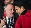 Le Paris Saint-Germain s’est dit prêt à rouvrir les discussions avec la mairie de Paris concernant l’avenir de son stade historique. 

Emmanuel Gregoire et Nasser al-Khelaifi dans les tribunes lors du match de football Ligue 1 McDonald's opposant le Paris Saint-Germain (PSG) à Toulouse Football Club (TFC) (3-1) au Parc des Princes à Paris, France. Matthieu Mirville/Bestimage
