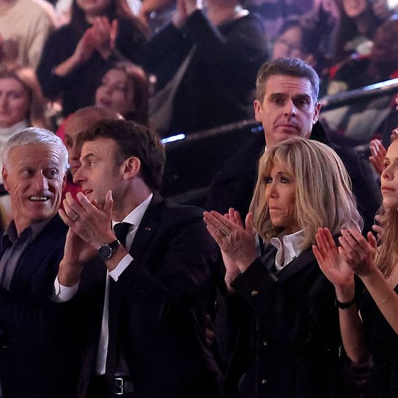 Exclusif - Didier Deschamps, Emmanuel et Brigitte Macron, sa fille Tiphaine Auzière - Personnalités lors de l'enregistrement de l'émission "Le gala des Pièces Jaunes, le concert événement" au Zénith de Paris, et diffusée le 28 janvier sur France 2. Le 25 janvier 2023. © Dominique Jacovides / Bestimage