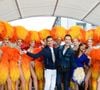 Laurent Luyat, Cyril Féraud et Nathalie Nguyen sur le départ de la deuxième étape de la 103ème édition de la course cycliste du tour de France avec les danseuses du Moulin-Rouge le 3 juillet 2016 entre Saint-Lo et Cherbourg-en-Cotentin, en Normandie le 3 juillet 2016. © Coadic Guirec / Bestimage