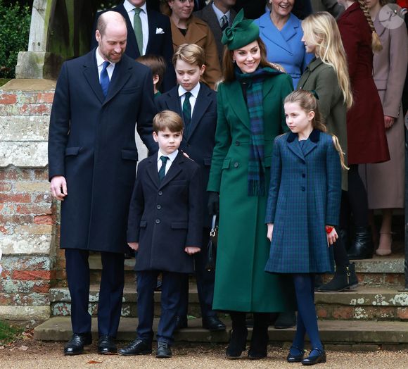 Kate Middleton, Prince Louis, Princesse Charlotte, Prince George, le prince William à la messe de Noël à Sandringham le 25 décembre 2024.  Julien Burton / Bestimage
