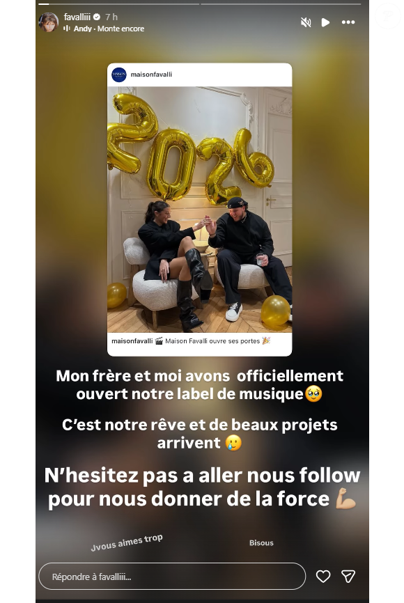 "Mon frère et moi avons officiellement ouvert notre label de musique. C'est notre rêve et de beaux projets arrivent", a-t-elle partagé à ses abonnés, proposant le lien vers la page officielle de cette nouvelle société. 

Alexandra Favalli (Ici tout commence) sur Instagram