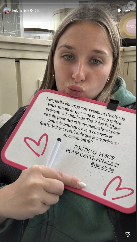 “Les petits choux, je suis vraiment désolée de vous annoncer que je ne pourrai pas être présente à la finale de The Voice Belgique ce soir, pour des raisons médicales", écrit-elle sur Instagram

Helena Bailly annonce une mauvaise nouvelle à ses fans le mardi 14 avril 2026 sur Instagram