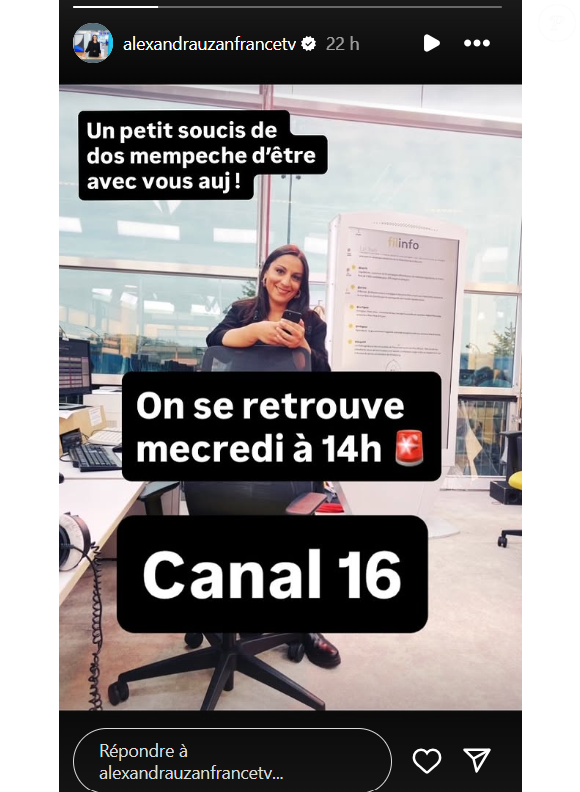 Sur Instagram, elle s'explique : "Un petit souci de dos m'empêche d'être avec vous aujourd'hui."

Alexandra Uzan, journaliste de Franceinfo, donne de ses nouvelles.
