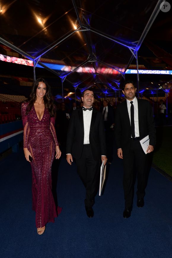 Exclusif - Le prince Nasser Al-Khelaïfi (président du PSG), Arnaud Lagardère  et sa femme Jade - Dîner de gala au profit de la Fondation PSG au Parc des Princes à Paris le 16 mai 2017 © Rachid Bellak/Bestimage