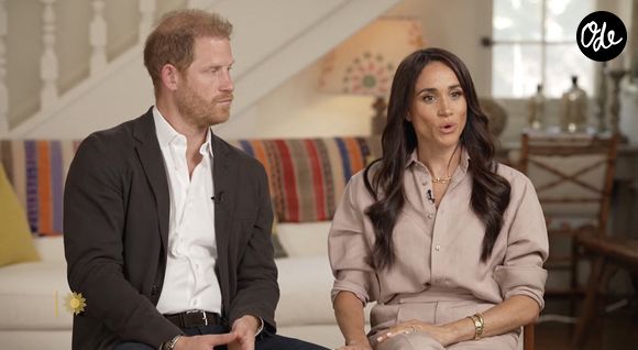 Le prince Harry, duc de Sussex et Meghan Markle, duchesse de Sussex, lors d'une interview pour l'émission CBS News Sunday Morning, diffusée le 4 août 2024. Lors de ce programme, le couple princier a évoqué leurs enfants, Archie Harrison, 5 ans et Lilibet Diana, 3 ans et leur volonté de les protéger des dangers du web.