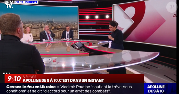Apolline de Malherbe contrainte d'avoir un micro-main à la suite d'un imprévu, le 14 mars 2025, sur BFMTV