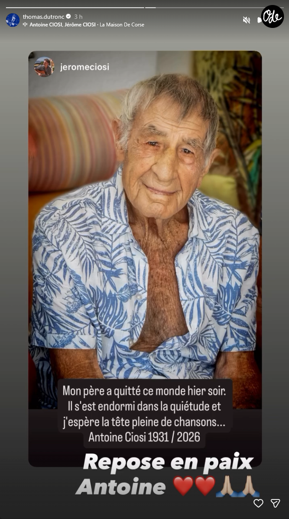Thomas Dutronc rend hommage à Antoine Ciosi via sa story Instagram le dimanche 4 octobre 2026
