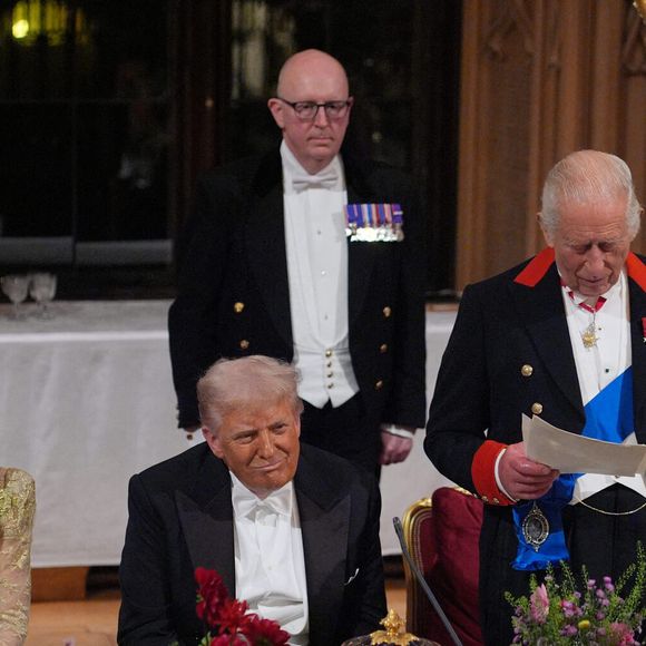 Le roi Charles III prononce son discours sous le regard du président américain Donald Trump et de la princesse de Galles lors du banquet d'État organisé pour le président américain et la première dame Melania Trump au château de Windsor, dans le Berkshire, au premier jour de leur deuxième visite d'État au Royaume-Uni. Mercredi 17 septembre 2025. Photo by Yui Mok/PA Wire/ABACAPRESS.COM