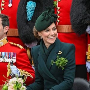 Catherine (Kate) Middleton, princesse de Galles, colonel des Irish Guards, visite le régiment lors du défilé de la Saint-Patrick à la caserne Wellington de Londres, Royaume Uni, le 17 mars 2025. © Zahu/Backgrid UK/Bestimage