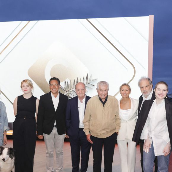 Exclusif - Laura Martin-Contini, le chien Messi, Zaho de Sagazan, Patrick Cohen, Pierre Lescure, Claude Lelouch, Anne-Sophie Lapix, Raphael Mezrahi, Emilie Dequenne, Anne-Elisabeth Lemoine  sur le plateau de l'émisson "C à vous" lors du 77ème Festival International du Film de Cannes le 15 mai 2024 © Jack Tribeca / Bestimage