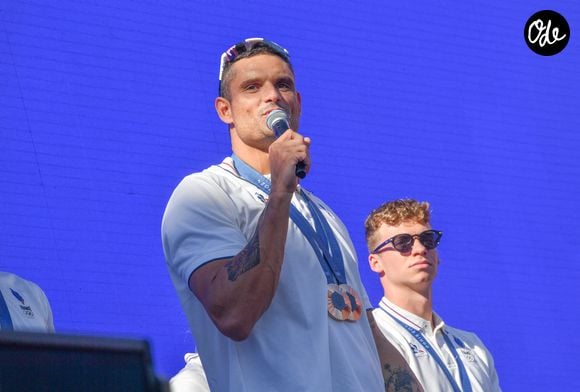 Florent Manaudou _Léon Marchand - L'équipe de France de natation acclamée au club France lors des Jeux Olympiques de Paris2024 (JO) le 5 aout 2024. © PixPlanete / Bestimage