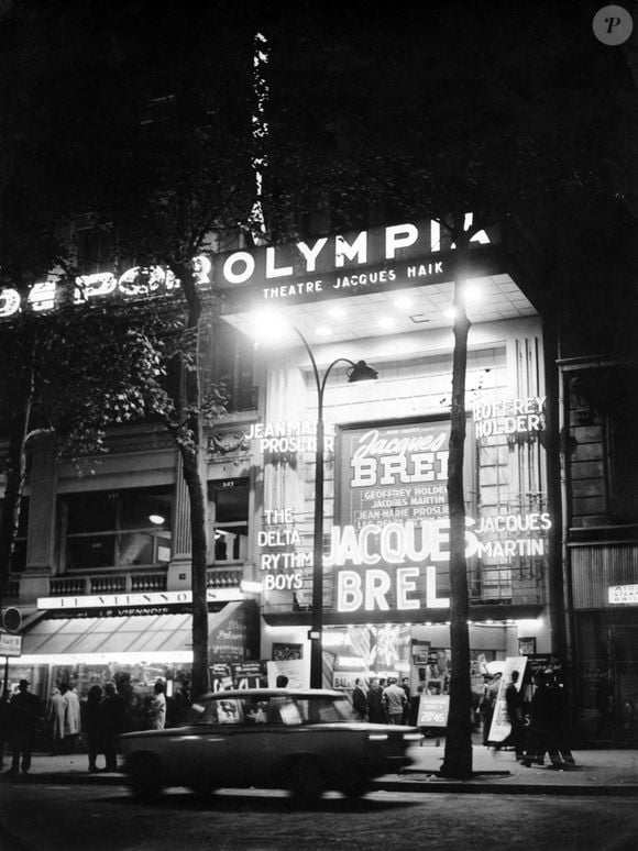 France, Paris, l'Olympia en octobre 1964 avec annoncés : Jacques Brel, The Delta Rythm Boys, Geoffrey Holder et Jacques Martin. Photo par Picture Alliance/Dpa/Abaca