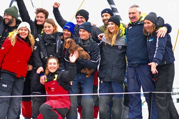 La skipper française Violette Dorange célèbre sur son monocoque Imoca Devenir sa 25e place dans la 10e édition du Vendée Globe, course à la voile en monocoque autour du monde, aux Sables-d'Olonne, dans l'ouest de la France, le 9 février 2025. Photo by Franck Castel/ABACAPRESS.COM