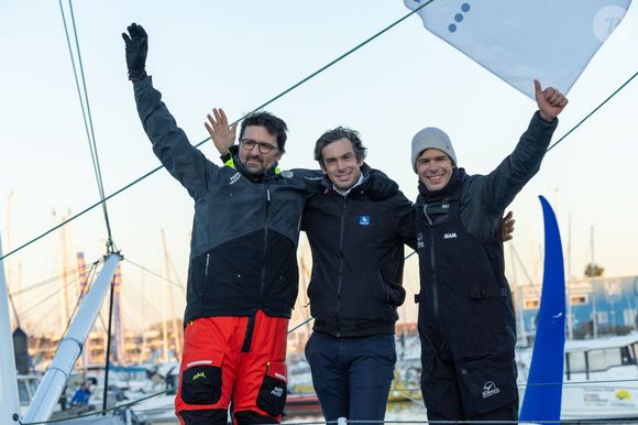 Le Podium du Vendée Globe 2024-2025 - Yoann Richomme (2ème), Charlie Dalin (1er) et Sebastien Simon (3eme) - Les Sables d'Olonne le 17/01/2025